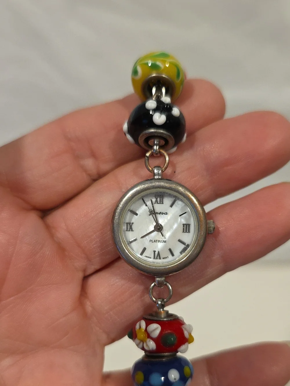 Colorful Multi-patterned Glass Beaded Watchband With Geneva Platinum Watch
